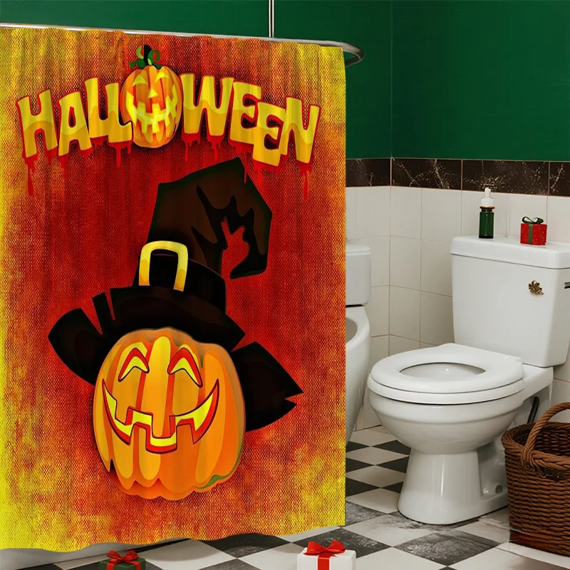 Halloween Pumpkin Witch Hat Shower Curtain, Orange Jack-o'-lantern Waterproof Bath Curtain, Spooky Holiday Bathroom Decor
