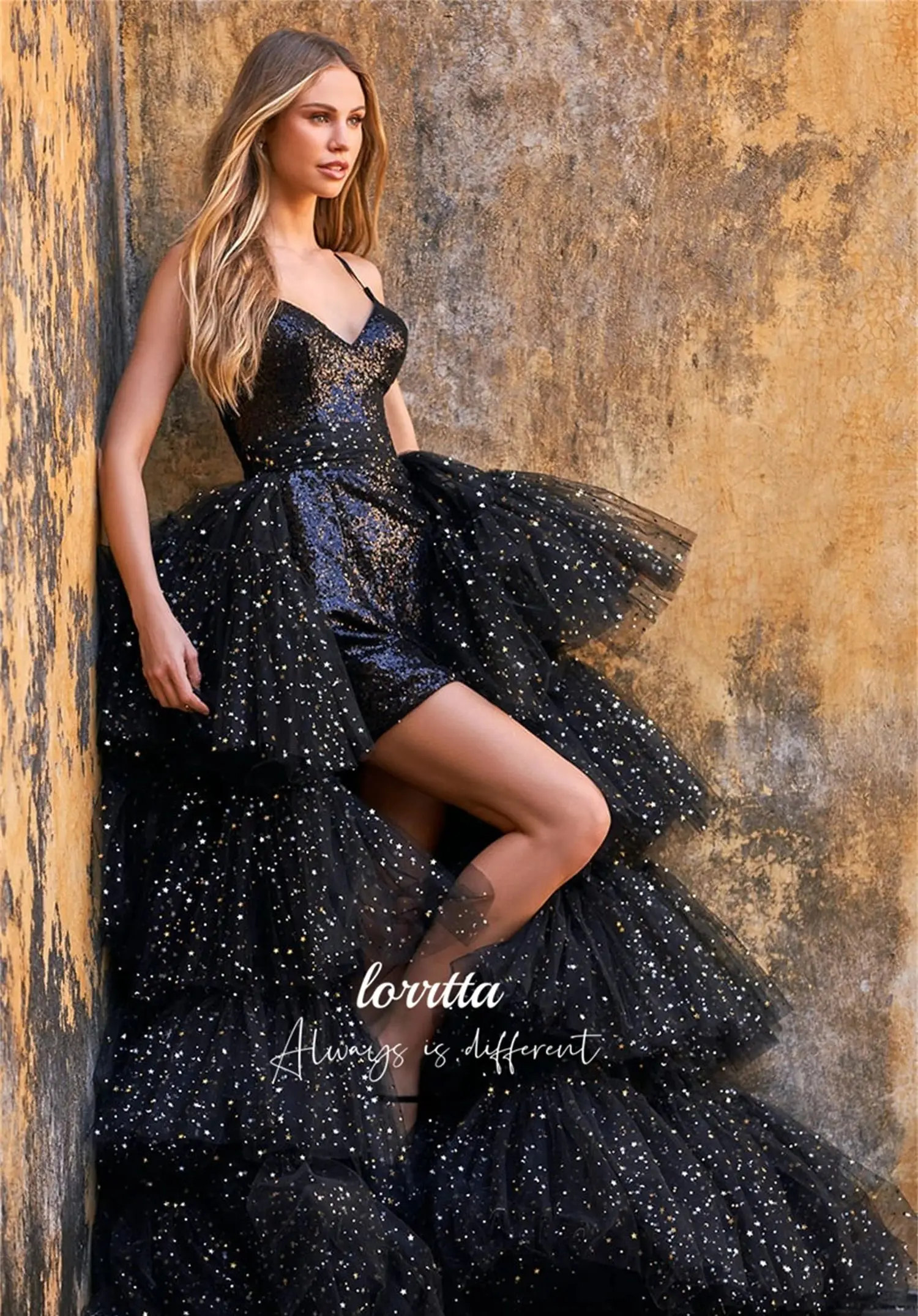 

Lorrtta Black Party Dress Sequined Fabric Evening Ball Gown Fluffy Layered Mesh Formal Occasion Dresses for Special Occasions