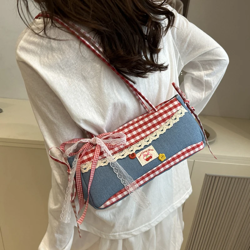 Cowboy Bow Shoulder Bag Ladies Designer Leather Underarm Bag Girls Cherry Cute Checked Handbags Women Fashion Lace Tote Purse