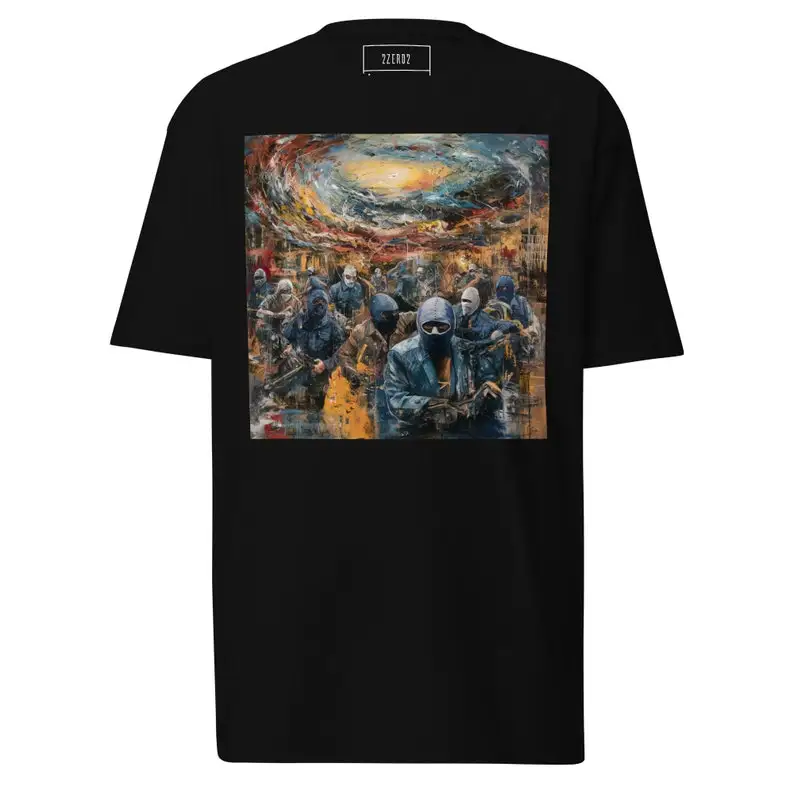 Street Symphony Men's Premium Heavyweight Tee – Urban Conflict, Heavyweight Tee, Men's Streetwear, Artistic T-Shirt