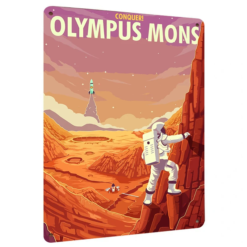 Conquer Olympus Mons – panneau métallique en étain pour astronaute, Exploration spatiale, Art mural pour salon, étude, Bar, décor