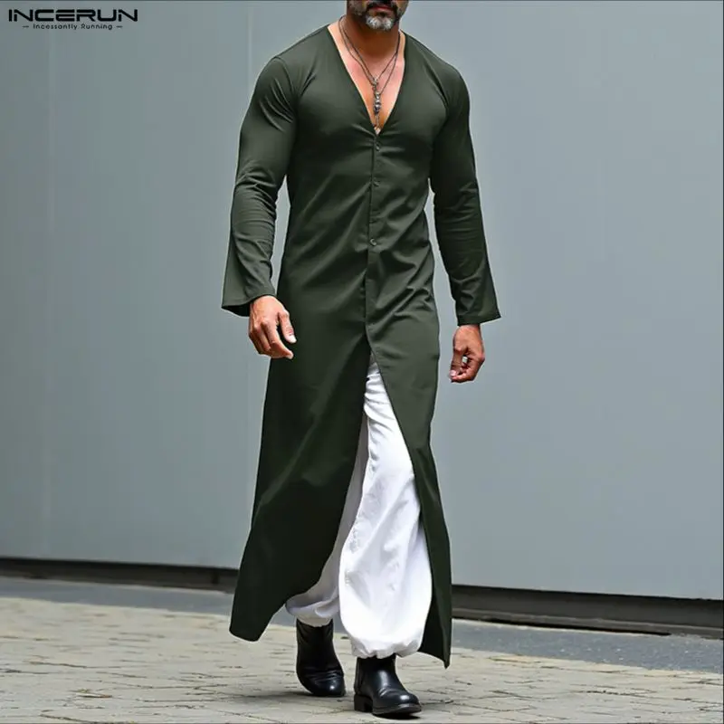 

INCERUN Men Long Style Shirt V Neck Long Sleeve Button Casual Male Tops Streetwear Shirts Loose 2025 Fashion Men Clothing Solid