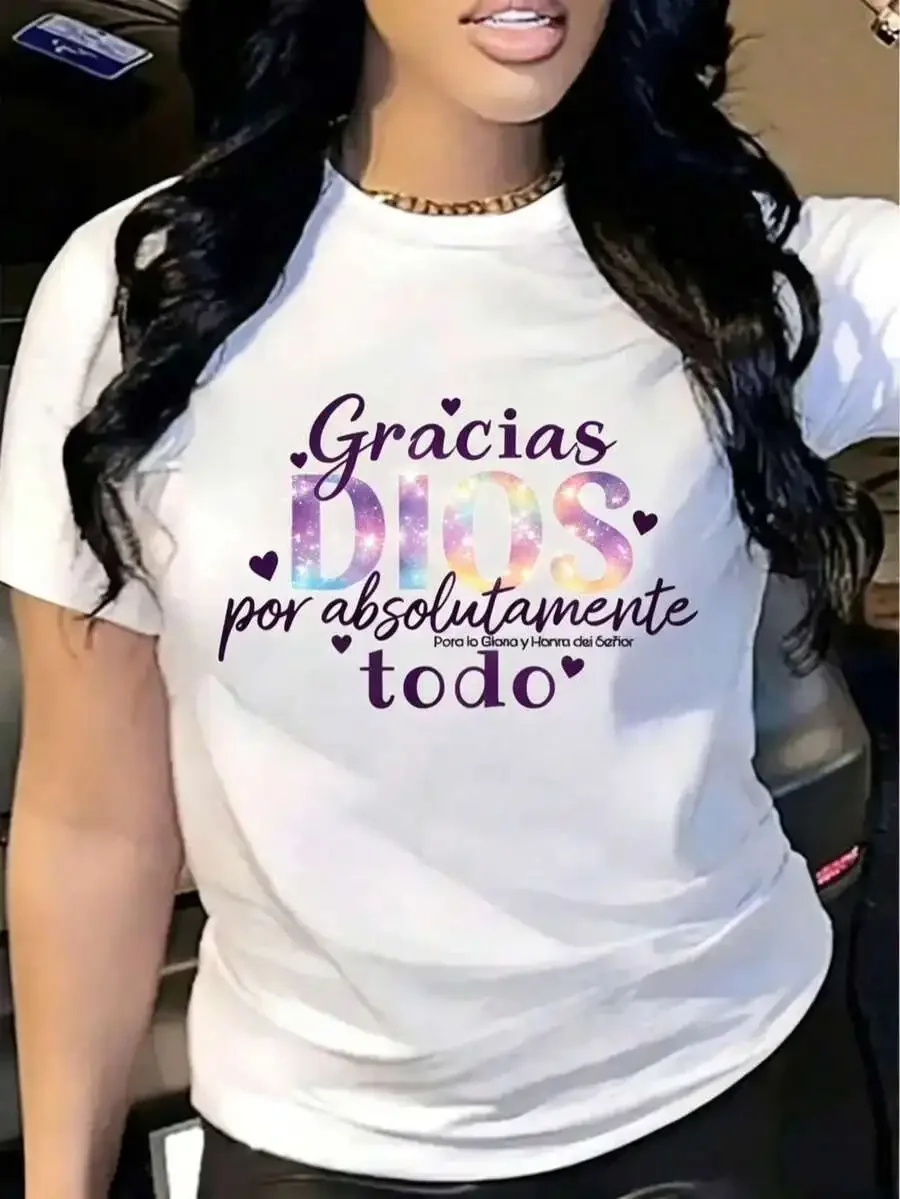 Women Spanish Faith Graphic Tee Gracias Dios Bendice Mi Camino Floral Rose Letter Print Crew Neck Short Sleeve Cotton Religious Quote Casual White T Shirt