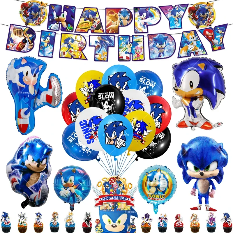 Sonic Balloons Happy Birthday Banner The Hedgehog Party Decoration Game Cake Topper Disposable Tableware Keychain Background Toy