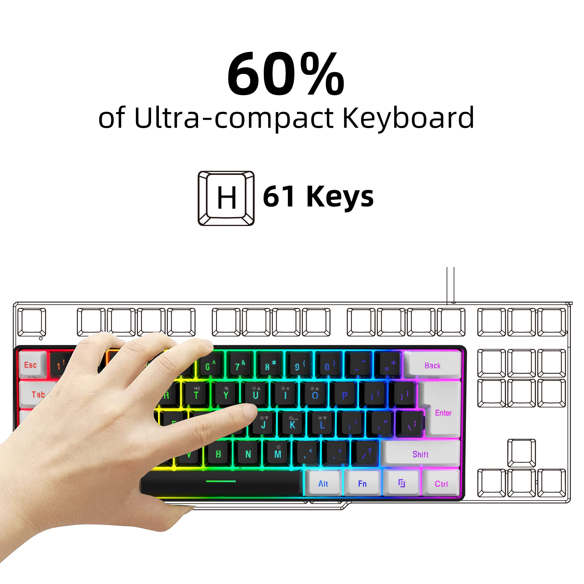 

Игровая клавиатура на 60%, 61-клавишная проводная мини-клавиатура с RGB-подсветкой, сверхкомпактная игровая клавиатура с защитой от ореолов и отсутствием конференций