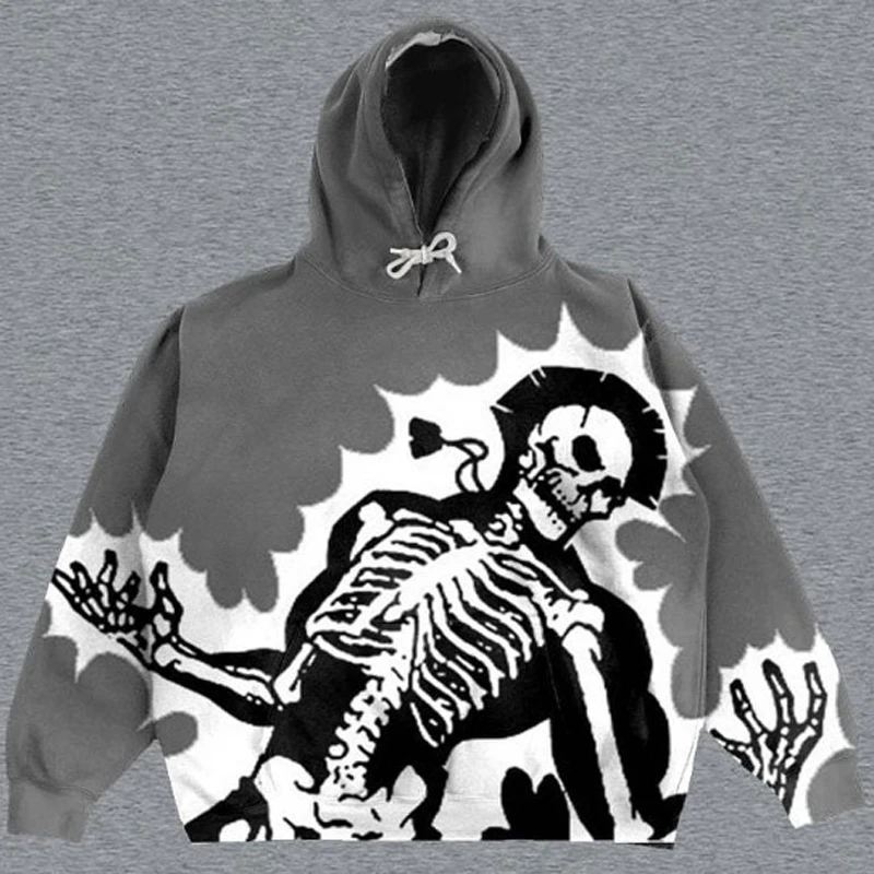 Popular Black Street Clothes Retro Skeleton Men\'s Hoodie Loose Large Casual Gothic Student Demon Slayer Sweatshirt