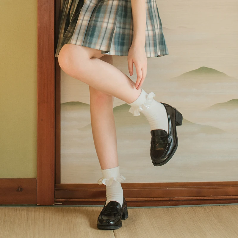 Lolita Style Girls Solid Color Roll Cuff Ankle Socks With Satin Ribbon Lace Trim Soft Elastic Skin-Friendly Sweet Daily  Hosiery