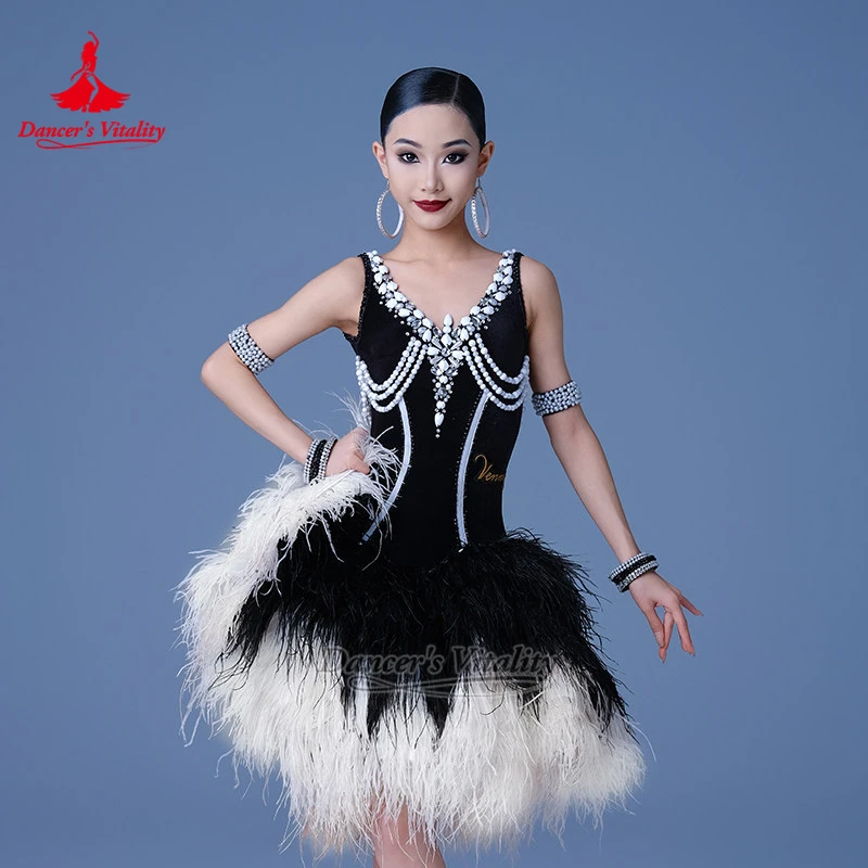 Luxury AB Stones Adult&Child Latin Dancing Dresses Size Can Be Customized Samba Chacha Feather Style Clothing Dancer's Vitality