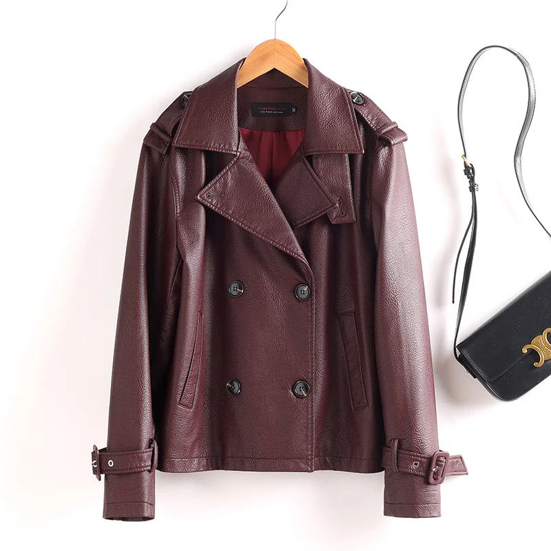 Damska kurtka motocyklowa z imitacji skóry, dwurzędowa, krótka, na wiosnę i jesień, casualowa, streetwear, odzież wierzchnia, moda 2025.