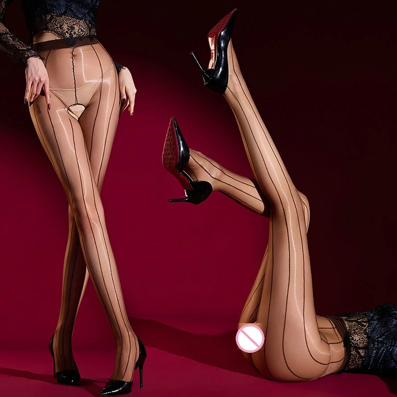 Women Sexy Vertical Line Pantyhose Glossy Open Crotch Stockings Ultra-Thin Oil Shiny Smooth Tights Hosiery High Waist Leggings