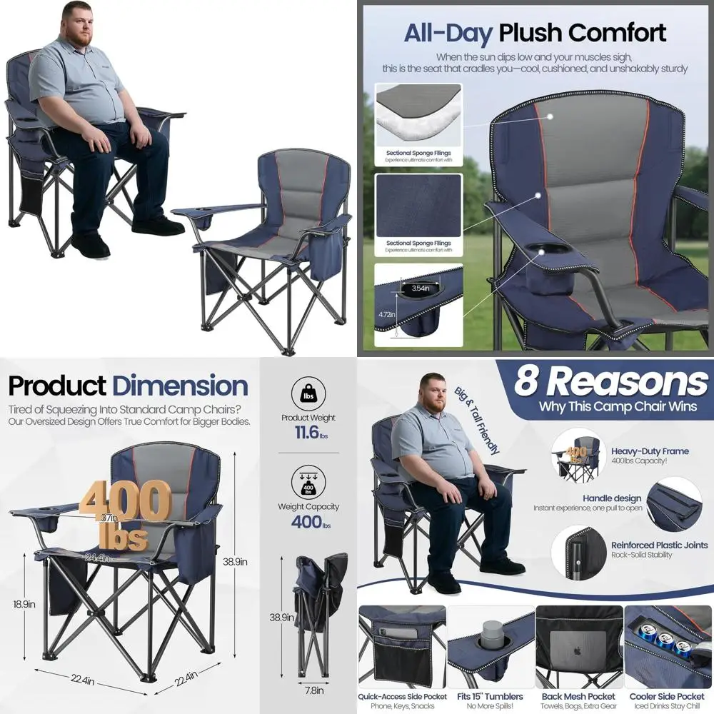 

2-Pack Durable Extra Large Camping Chairs for Adults Up to 400lbs with Lumbar Support, Side Pocket, Cup Holder, and Cooler Bag -