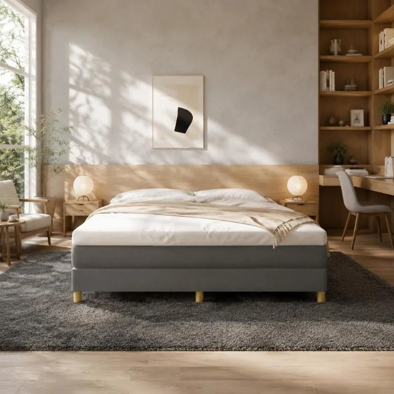 Lit à sommier 160 x 200 cm avec tête de lit réglable en hauteur, tissu respirant, matelas à ressorts ensachés, soutien moyen-dur, pour chambre principale, chambre d'hôtes, appartement, style classique, montage NONE