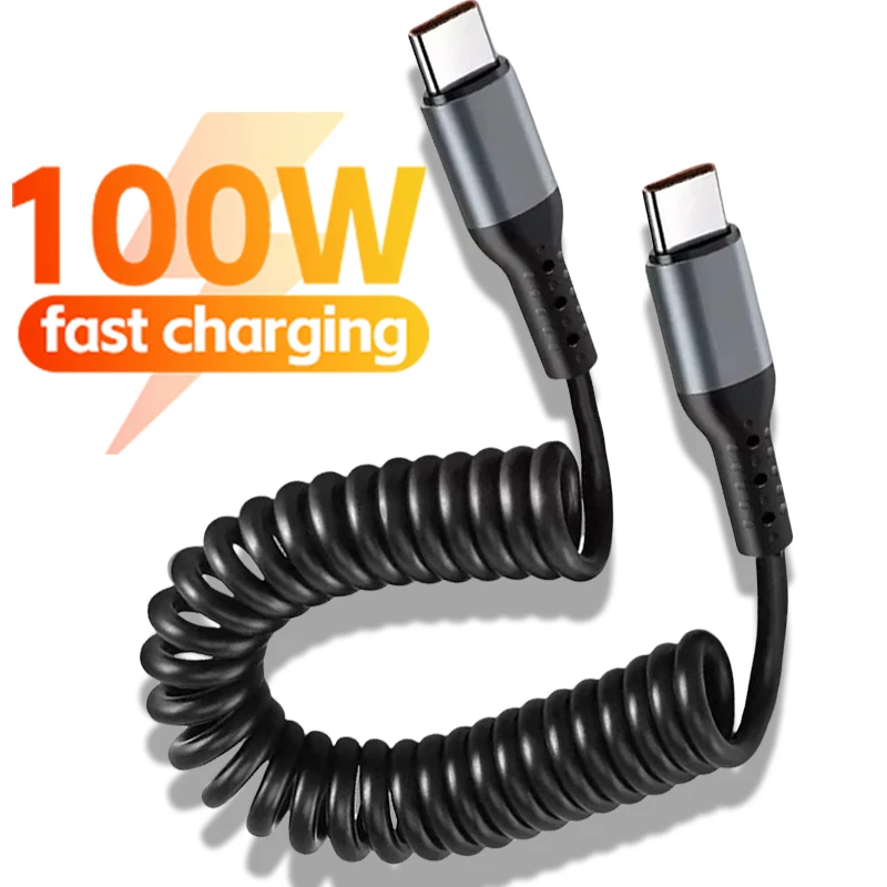 Max 100W USB Type C Data Cable USB C to Type C Max 6A Spring Pull Telescopic Fast Charging Cable for iPhone Xiaomi Samsung Cable