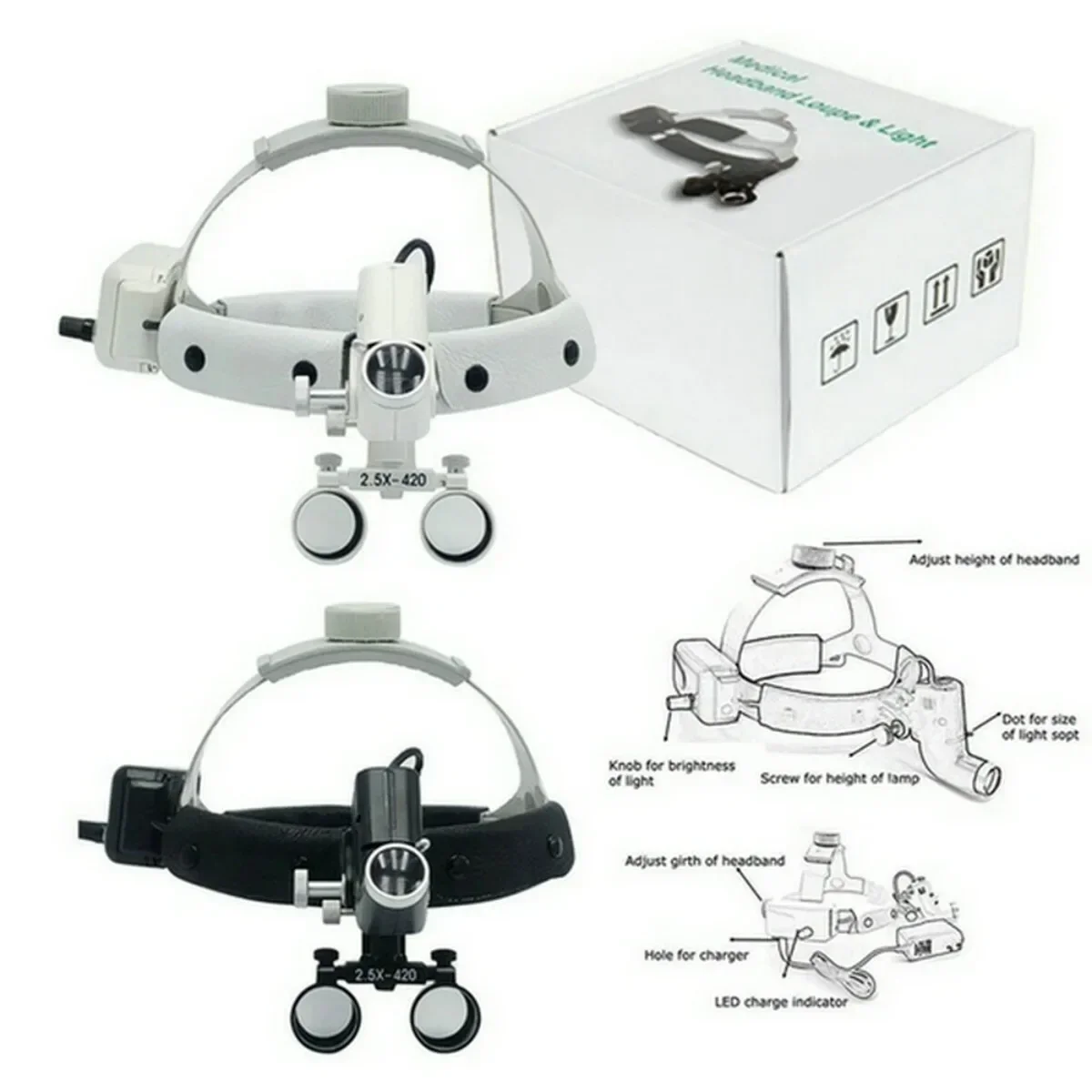 1 Set 2.5X/3.5X Dental Lab LED Surgical Operation Headlight Leather Headband Loupe With Light 2 Color