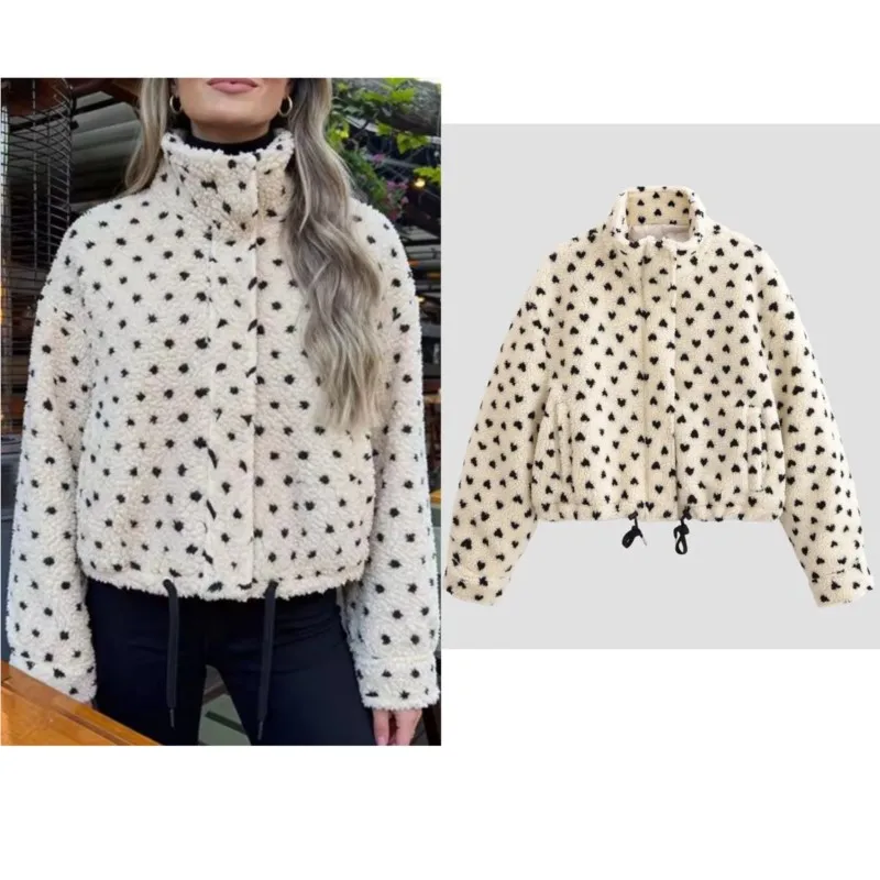 

Women Dot Fleece Jacket Winter Casual Stand Up Collar Long Sleeve Pocket Coat Short Fashion Loose Female Streetwear Jackets