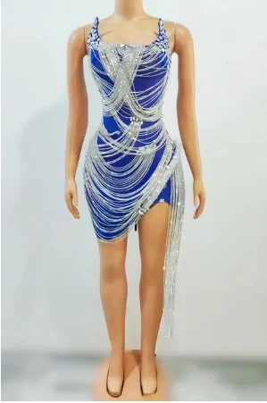 Vestido luxuoso de franja de diamante laser, fantasia de noitinha, noitinha, sexy, cintas de espaguete, cantor do clube de aniversário, roupas de dança, verão