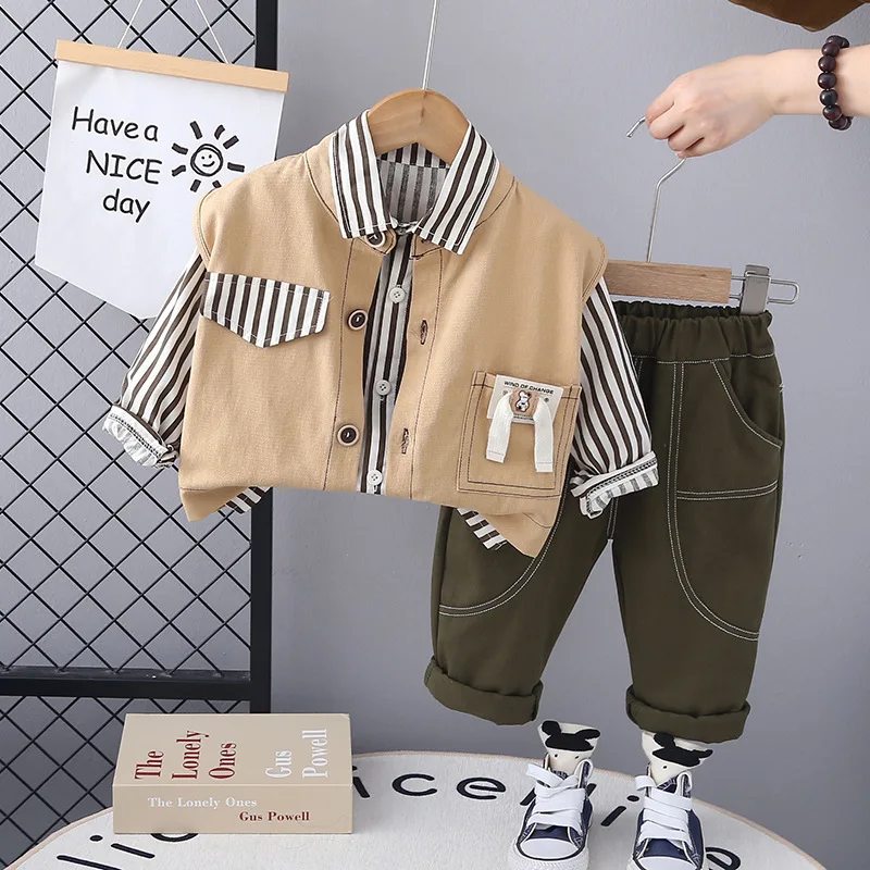 

Toddler Boys Outifts 2024 Baby Boy Fall Clothes Casual Solid Color Sleeveless Vest + Shirts + Pants Three Piece Kids Tracksuits