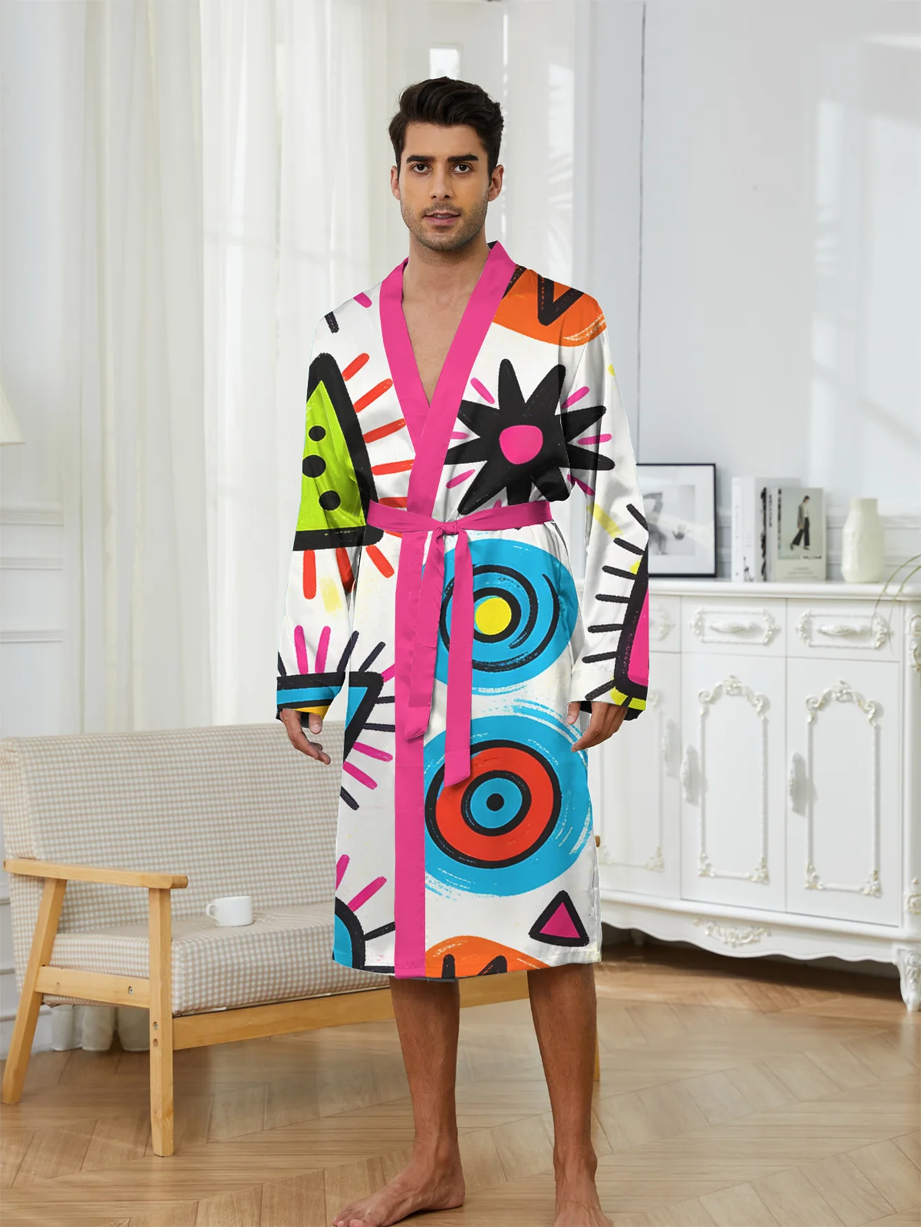 Spring and Autumn new men's 3D digital printed full body lightweight, fast drying, skin friendly home nightgown