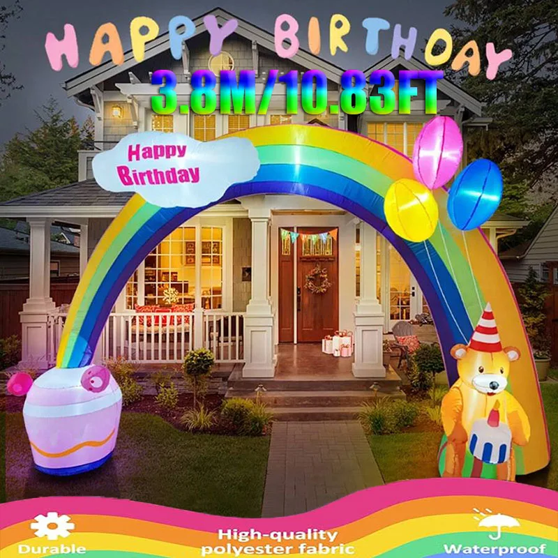 

10.83FT/3.3M Birthday Inflatable Toy Arch Teddy Bear Birthday Cake WithLED Light Rainbow Archway Party Outdoor Garden Yard Decor