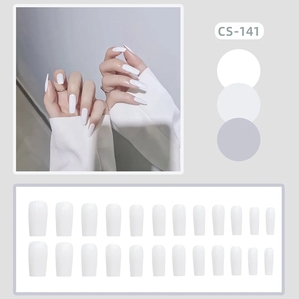 Glossy White Long Square False Nail Natural Unbreakable Nail Simple Wear for Daily and Parties Wearing