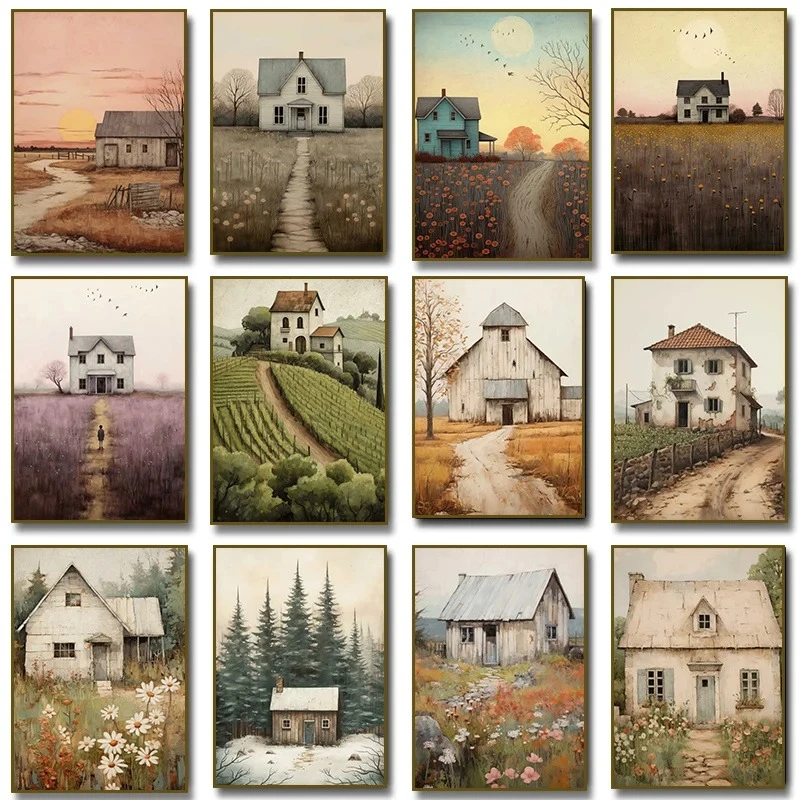 Quadro Vintage Aconchegante de Campo Campestre: Cabana no Bosque com Flor Silvestre - Impressão em Tela para Parede - Decoração de Fazenda
