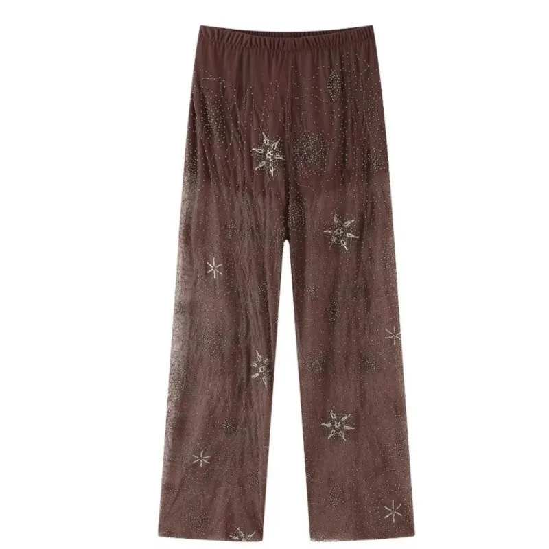Female Sexy Sequins Beads Diamonds Snowflake Embroidery Tulle Pants Loose Brown Shiny Beading Mesh See Through Wide Leg Trousers