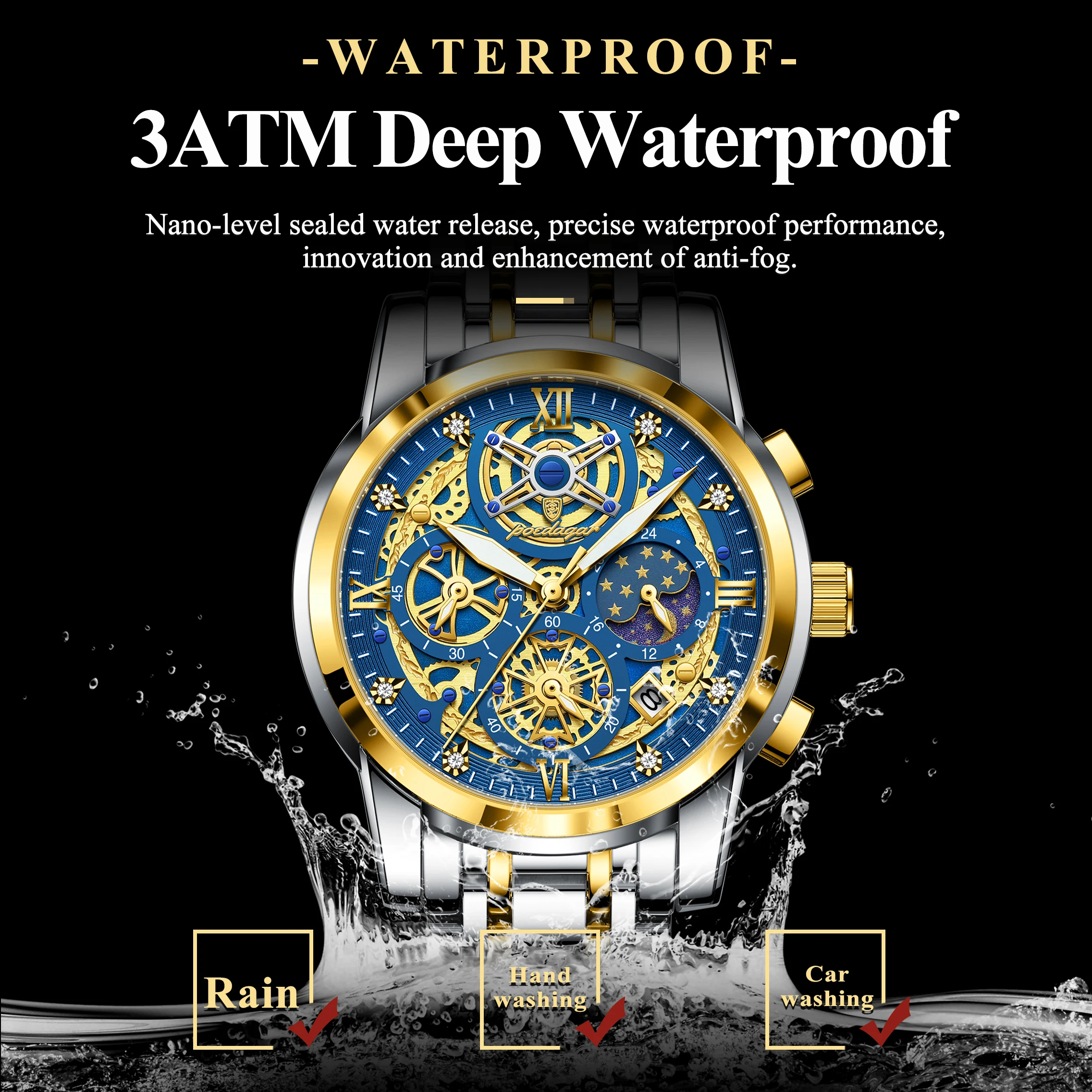 POEDAGAR Fashion Watch For Men Waterproof Luminous Chronograph Date Stainless Steel Man Watch Luxury Sports Men's Quartz Watches