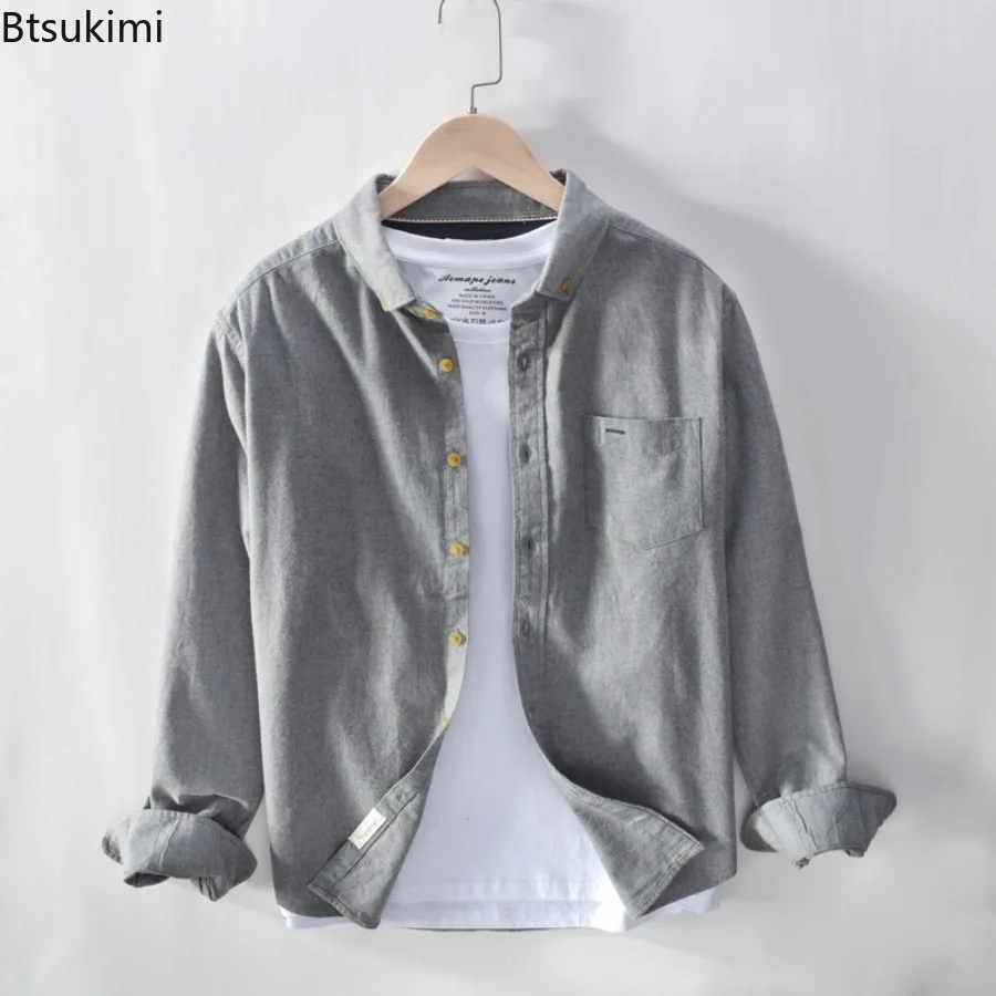 

2025 Men's 100% Cotton Long Sleeve Shirts Loose Casual Singe Breasted Lapel Cardigan Tops Spring Autumn Simple Shirt Jacket Male