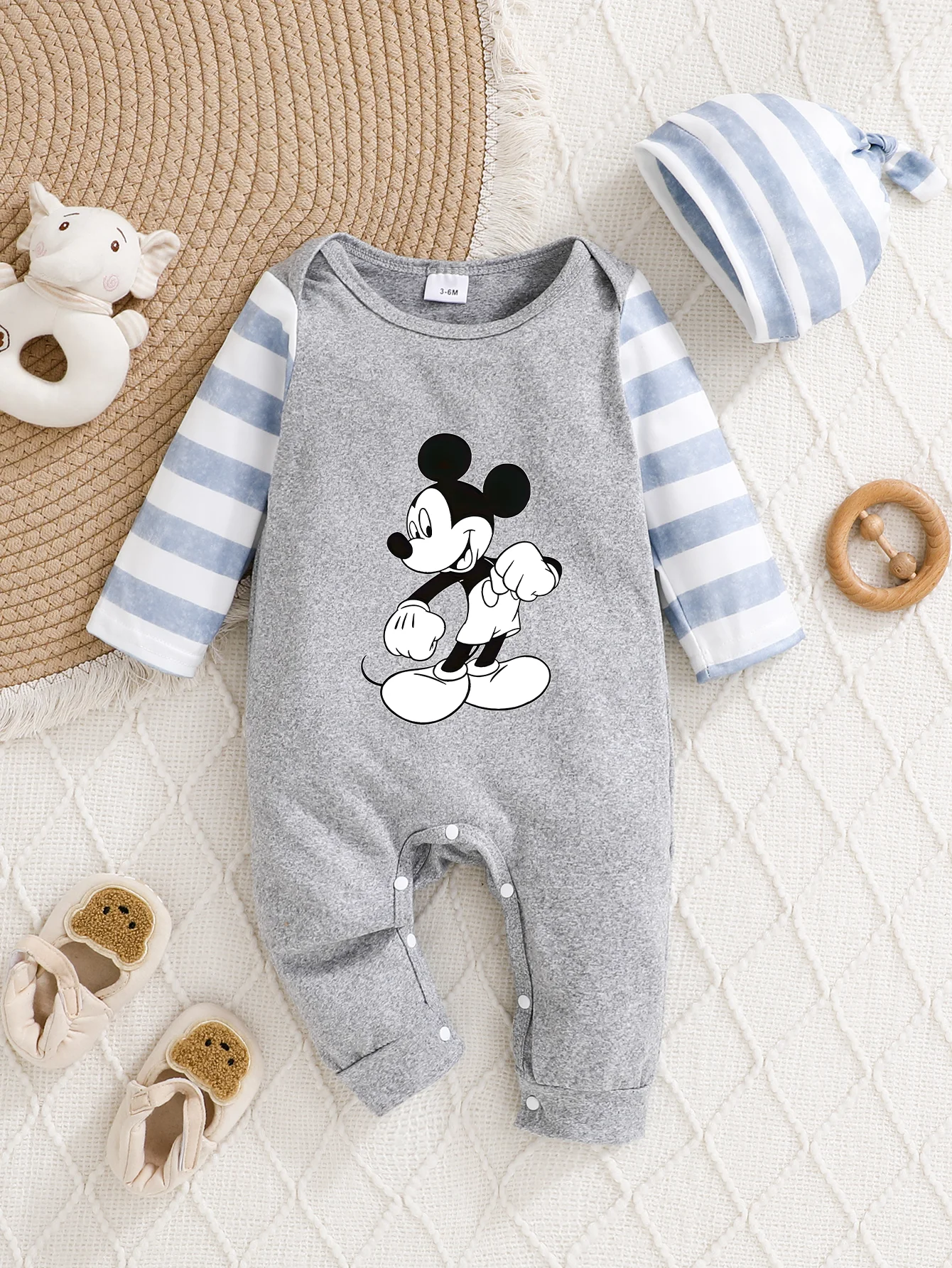 

【Официально авторизованный】 Комбинезон с капюшоном Disney Mickey Baby | Классический серый комбинезон из уютной ткани с принтом Микки