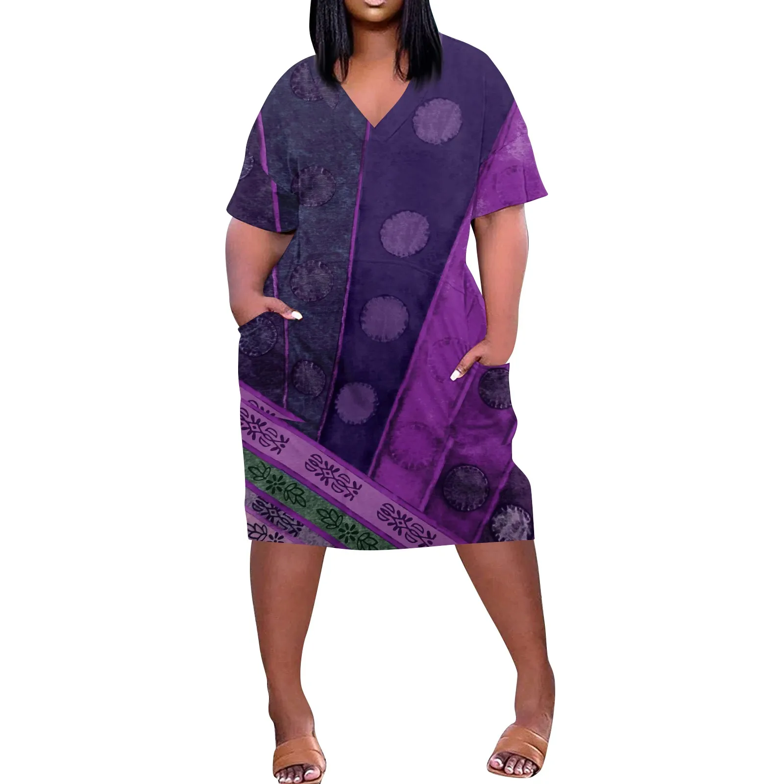 Gaun acara Formal elegan gaun panjang lutut motif modis untuk wanita 2024 V-Neck lengan pendek rok Longos