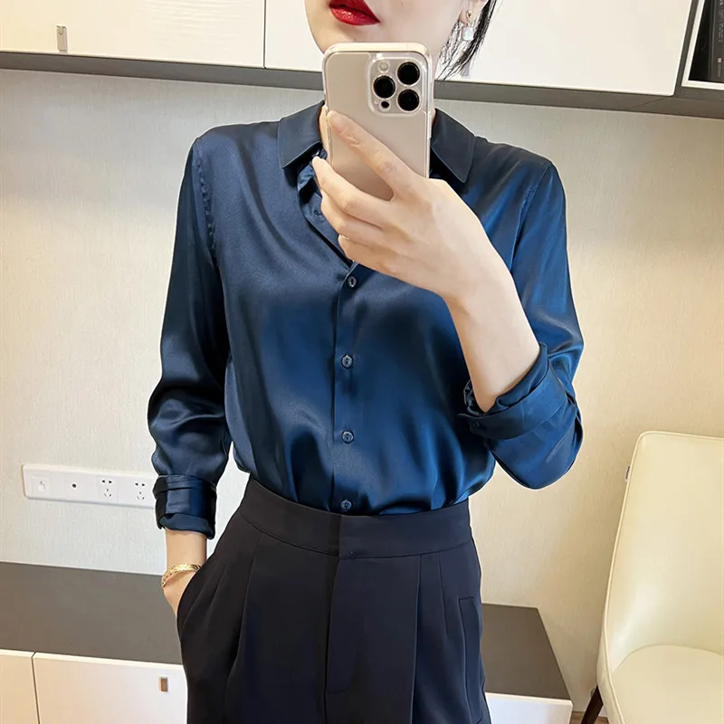 Autumn Fashion Button Up Satin Silk Shirt Vintage Blouse Women White Lady Long Sleeves plus size Street camisas feminina