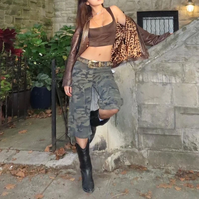 Women's Summer Y2k Cargo Shorts Camouflage Print Loose Fit Drawstring Low Waist Jeans With Pockets Going Out Trousers