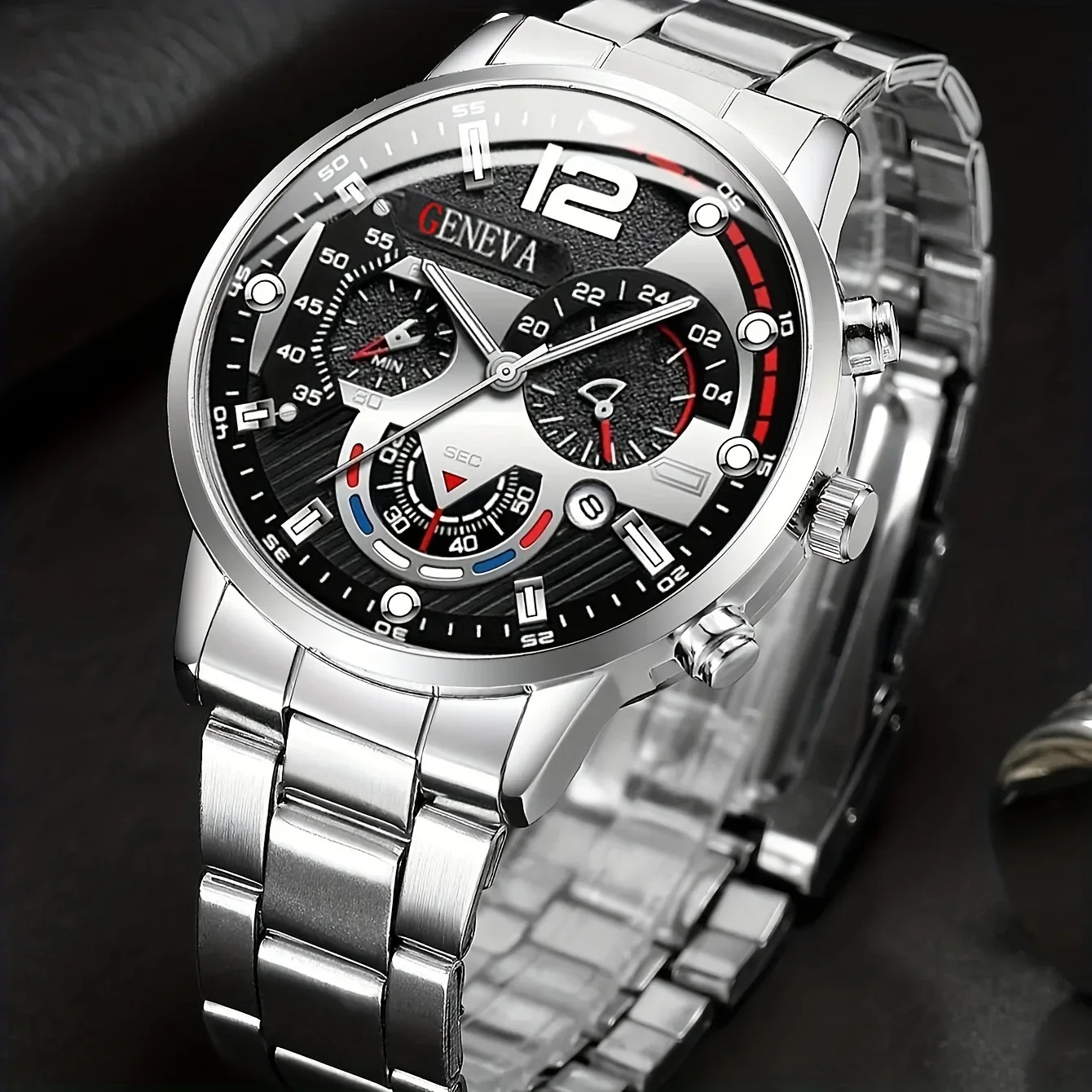 2pcs Elegant Men Triple Dial Round Quartz Watch & \