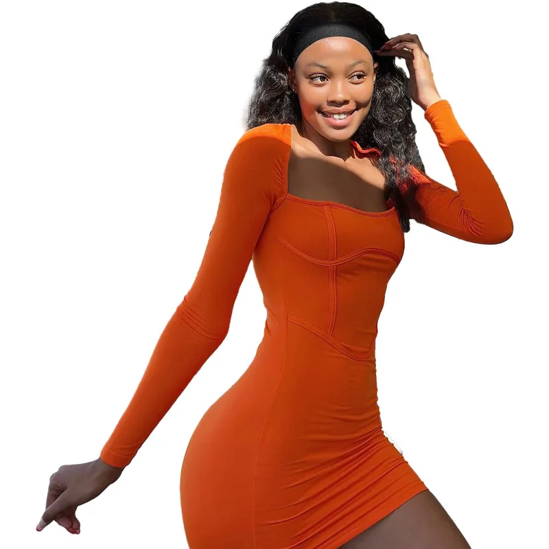 2025 new INS European and American style autumn and winter women's clothing fashion long-sleeved sexy square collar low-cut slim