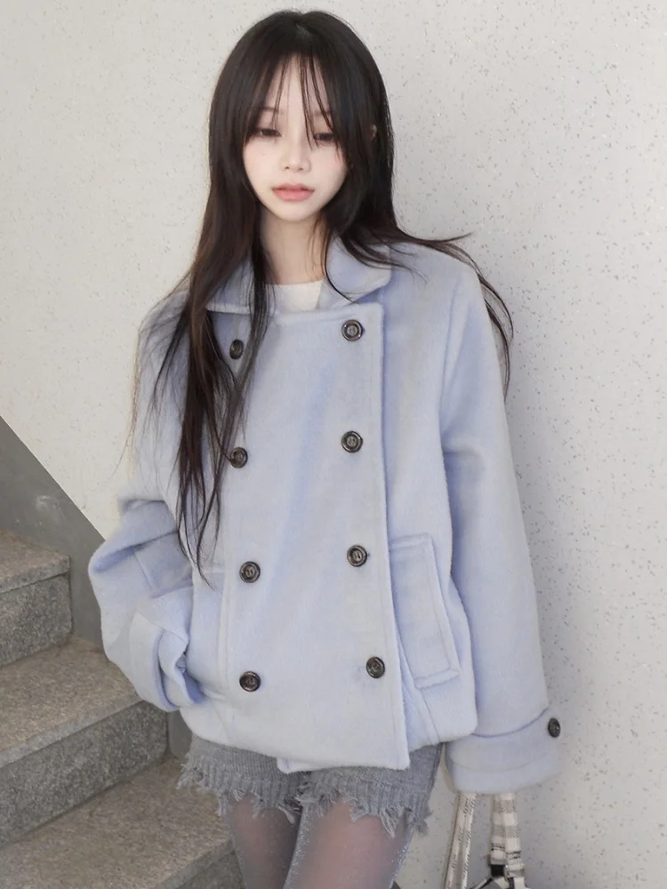 

Korean Sle Autumn Winter Retro Lapel Double Button Cotton Warm Small Size Woolen Coat Top Women's Faion Sweet Sle