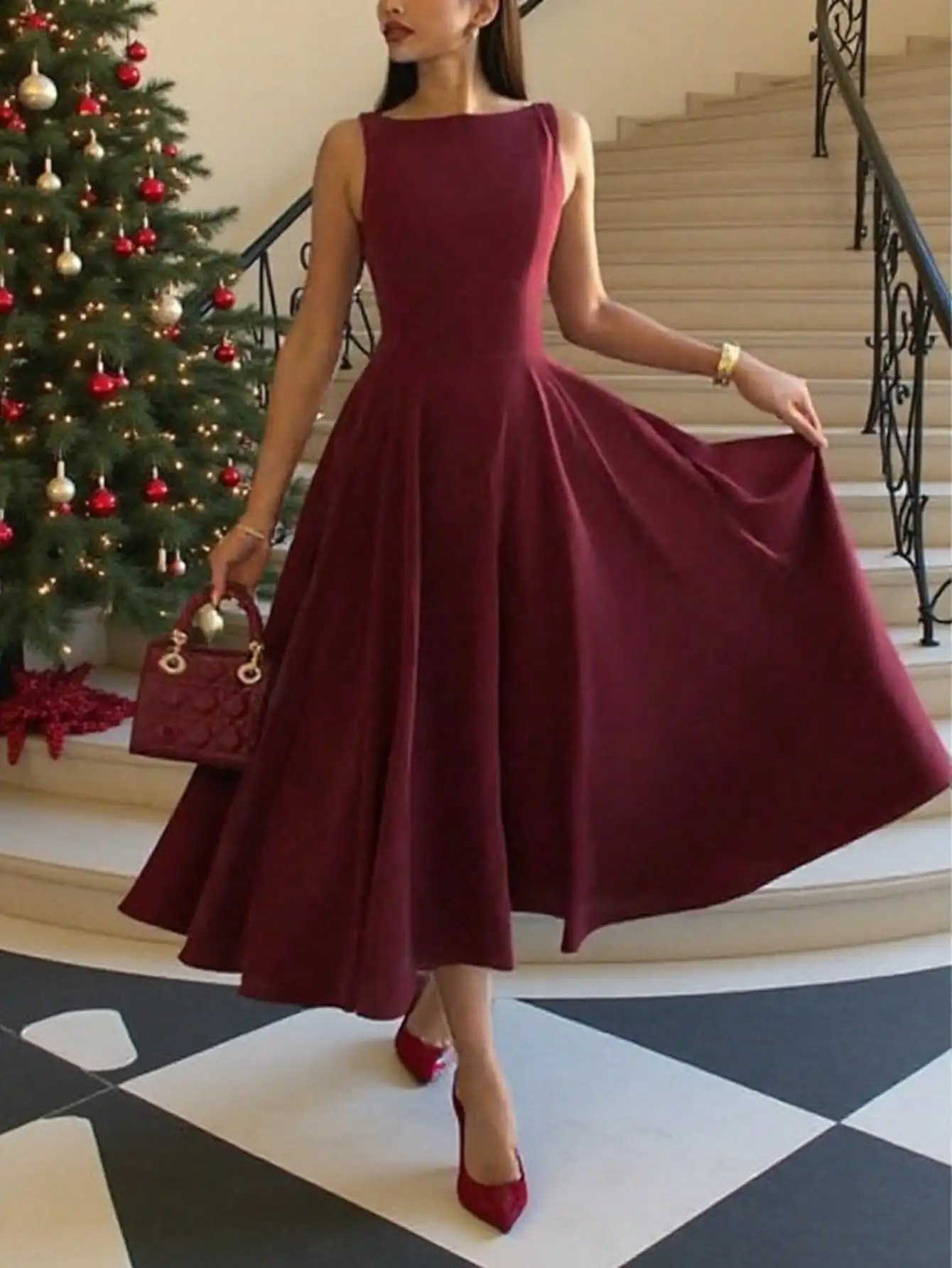 

Burgundy A-Line Sleeveless Midi Dress with Cinched Waist for Holiday Party
