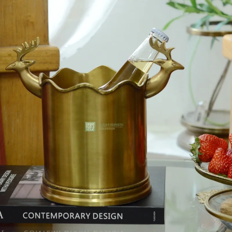 American retro old brass deer head metal ice bucket living room wine cellar decorative ornament retro red wine bucket