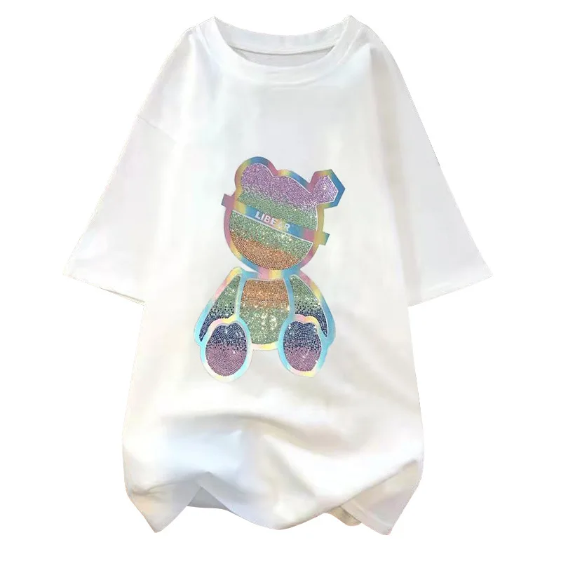 Summer New Heavy Industry Hot Drill Color Bear Loose Top T-Shirt Women