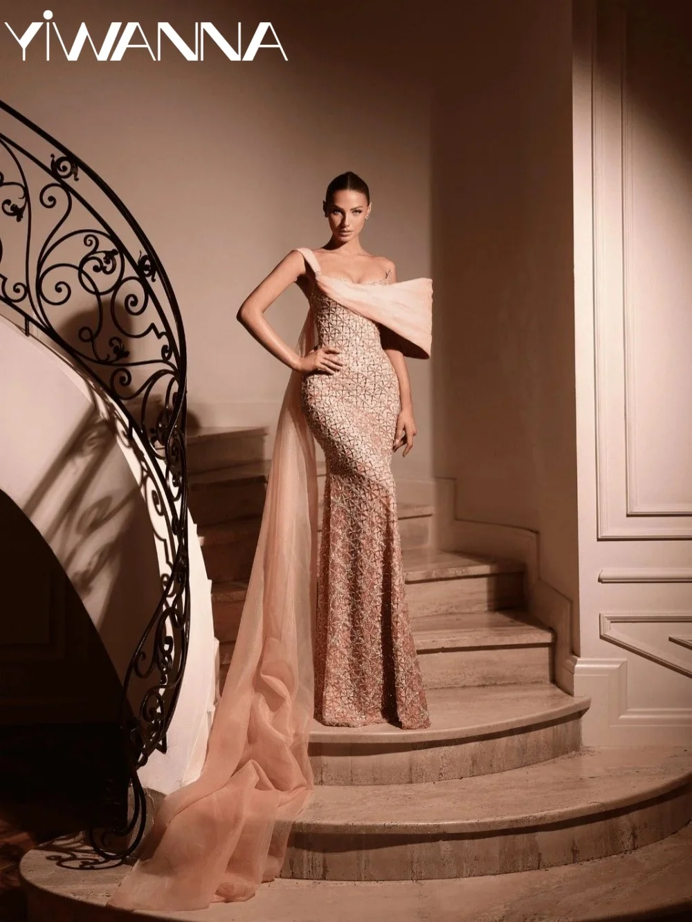 

Peachy Embroidery Beaded Evening Dress Chic One Shoulder Straight Long Wedding Party Gown Customized Opulent Lace Prom Dresses