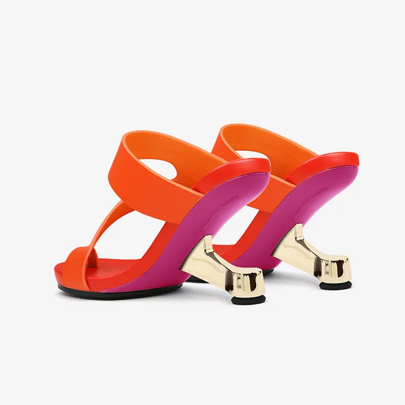 New Color2023 Orange Red Women Slippers Chic Design Formal Dress Sandals 8cm Strange High Heels Wedge Slides Black Summer Shoes