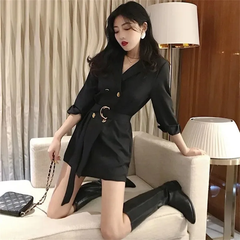 2025年秋新作 ストラップウエストブレザースーツ ミディアム丈 ダブルブレスト ラペル ルーズトップ レディース ダブルブレスト 快適