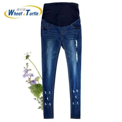 Gran oferta, pantalones vaqueros ajustados de algodón de buena calidad con agujeros para maternidad, bolsillos con costuras contrastantes, lápiz para mujeres embarazadas