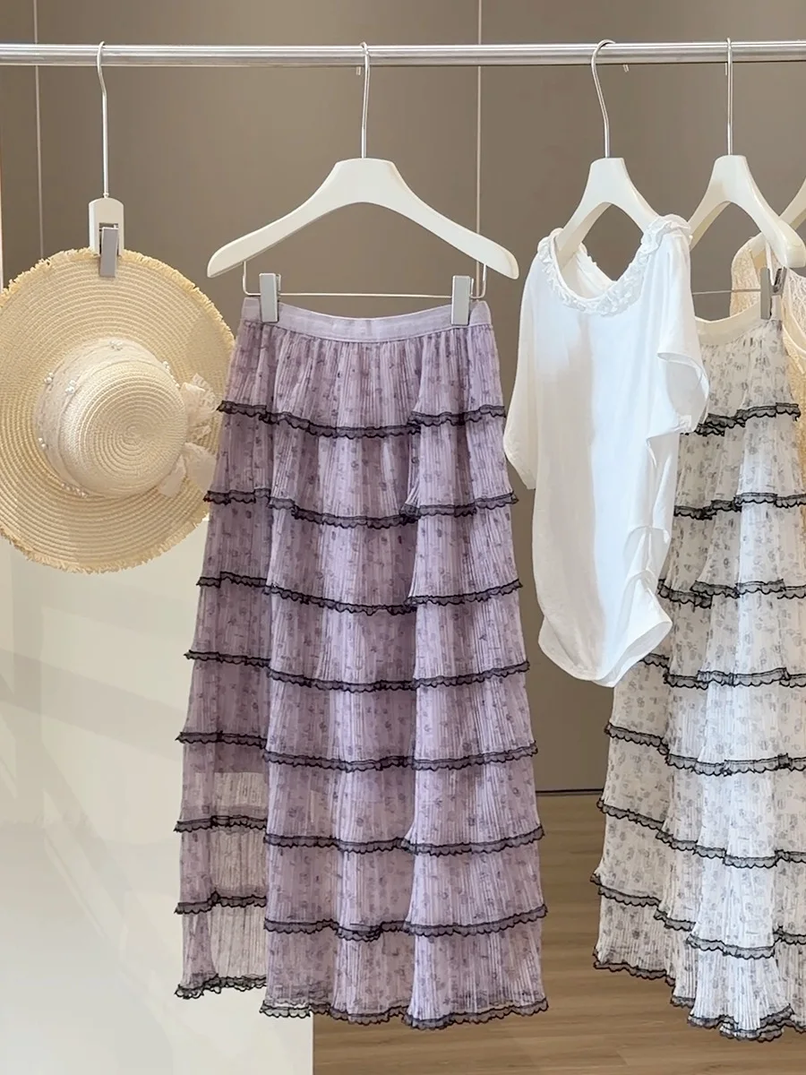 Light Purple Floral Crinkle Mesh Tiered Lace Trim Maxi Skirt Women Elastic Waist Flowy Sheer Long Cake Skirt