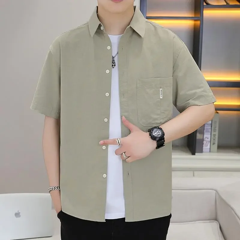 

Men's Short Sleeve Shirt Summer Casual Loose Fit Plain Cotton Blend Button Down Shirt