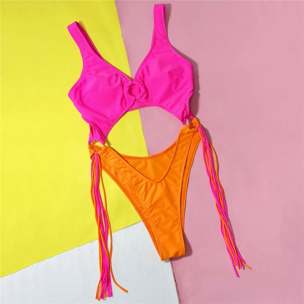 Separate Swimwear 1-Pec Swimsuit Sexy Tassels Swimwear Women Cut Out Monokini High Cut Bathing Suit Summer  Swimming Wear Orange