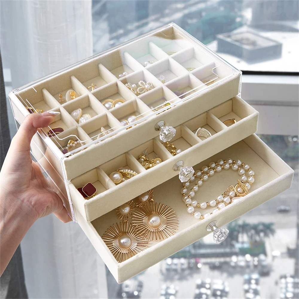 Transparent Visible Dustproof Jewellery Storage Box Three Drawer Plastic Ring Earring Case Moisture-proof Presentation Organizer