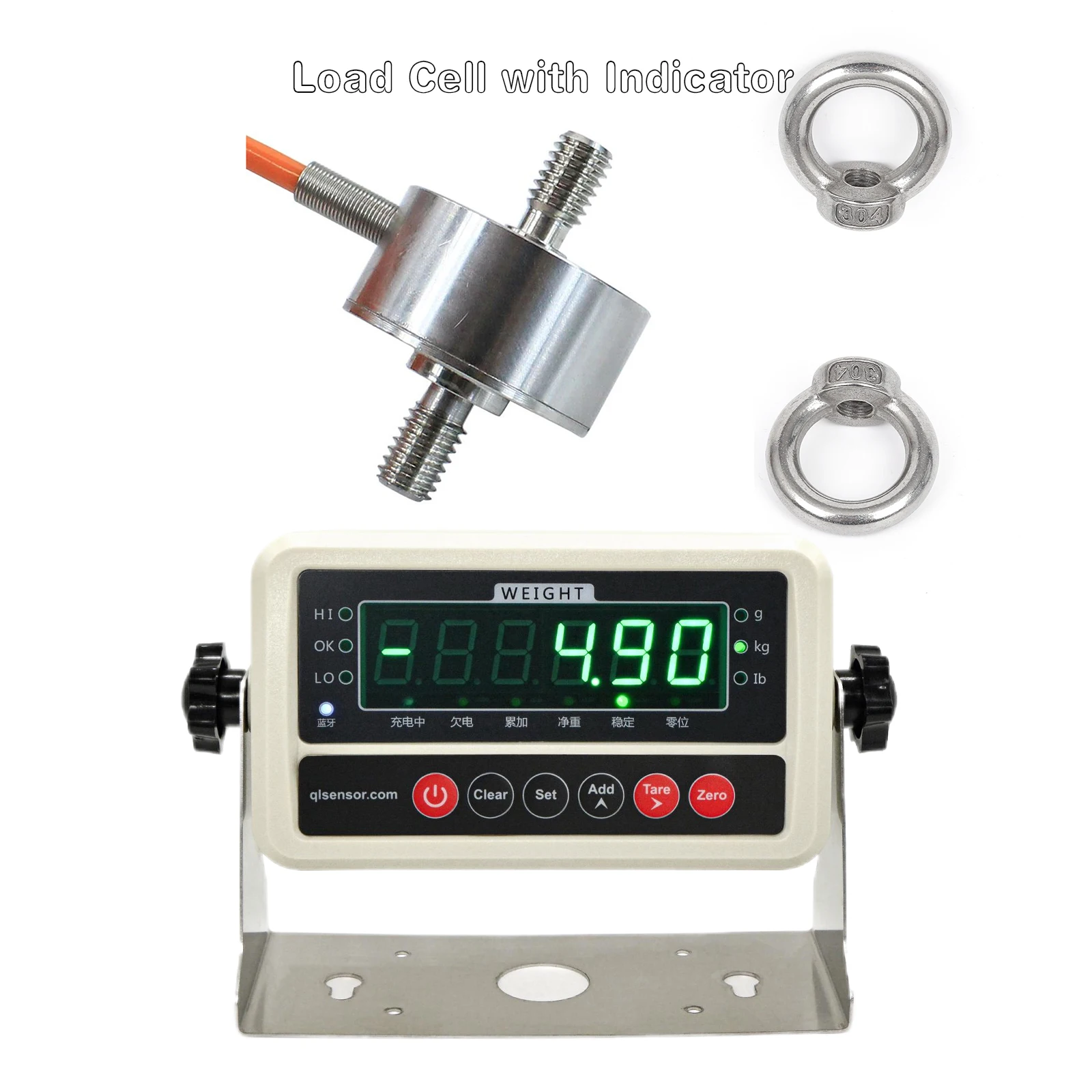 Load Cell Sensor with Indicator Display,with 2pcs Rings Test Compression Force Weight Pressure for Scale Automate