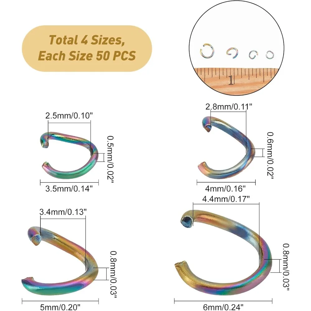 About 200pcs 4 Sizes Open Jumps Rings Rainbow Color Connector Rings 2.5-4.4mm Inner Diameter Stainless Steel Metal Jump Ring