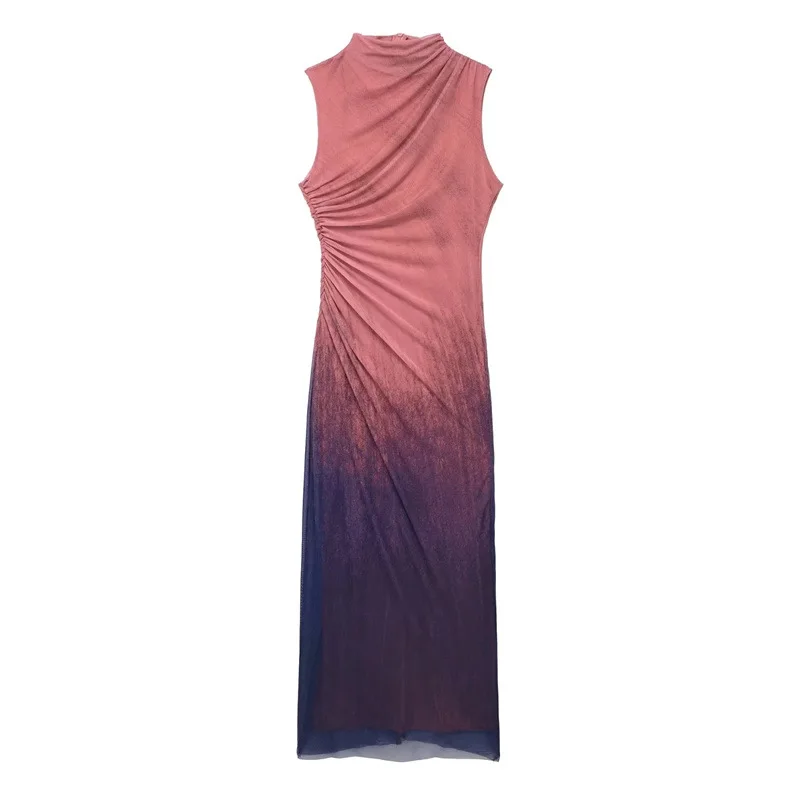 

Women's Commuting High Waist Gradient Tie Dyed Dress Folded Colored Mesh Stand up Neck Prom Gown Fashion Wrap Hip Evening Robes