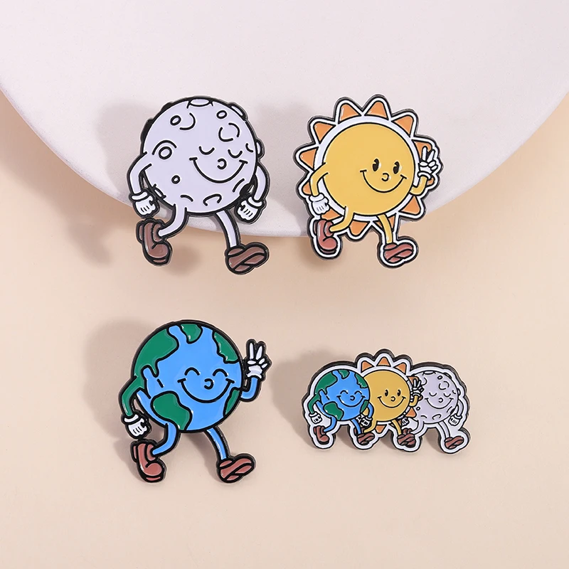 

Cartoon Celestial Body Image Enamel Pin Smiling Earth Sun, And Moon Protect The Environment Brooches Lapel Jewelry Gift